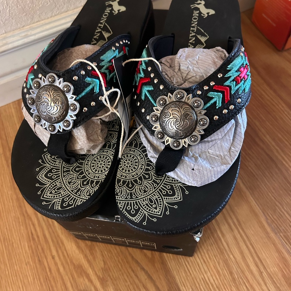 Montana West Black Sandals with Turquoise pink & Red Accents